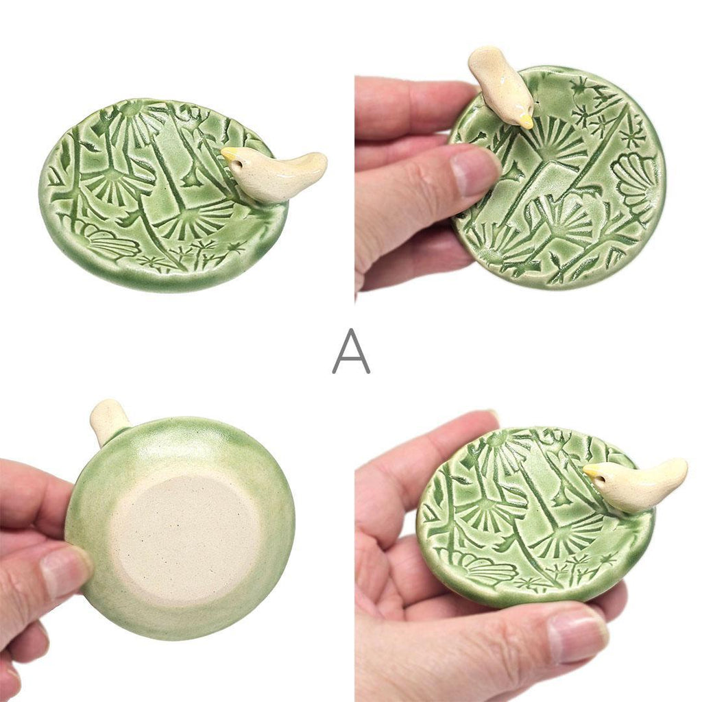 Round Ring Dish - White Bird Floral (Light Green Matte) by Tasha McKelvey
