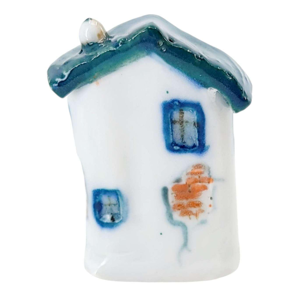 Tiny House - White House Rust Door Teal Roof by Mist Ceramics