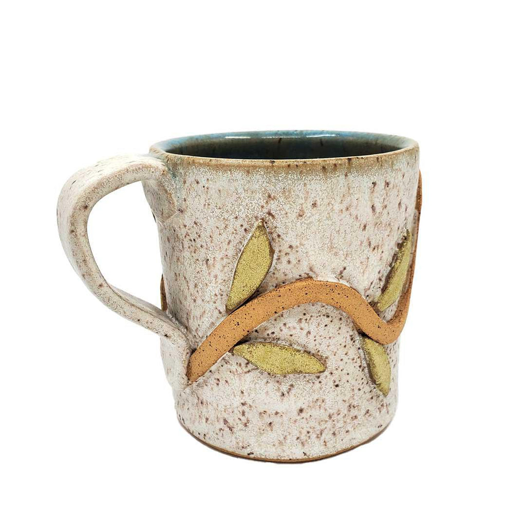 Mug - L -  White Leafy Branch (Teal Interior) by Kathy Manzella Ceramics