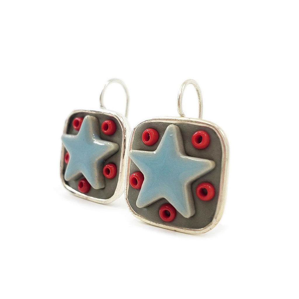 Earrings - Square Bezel Light Blue Star with Red beads by XV Studios