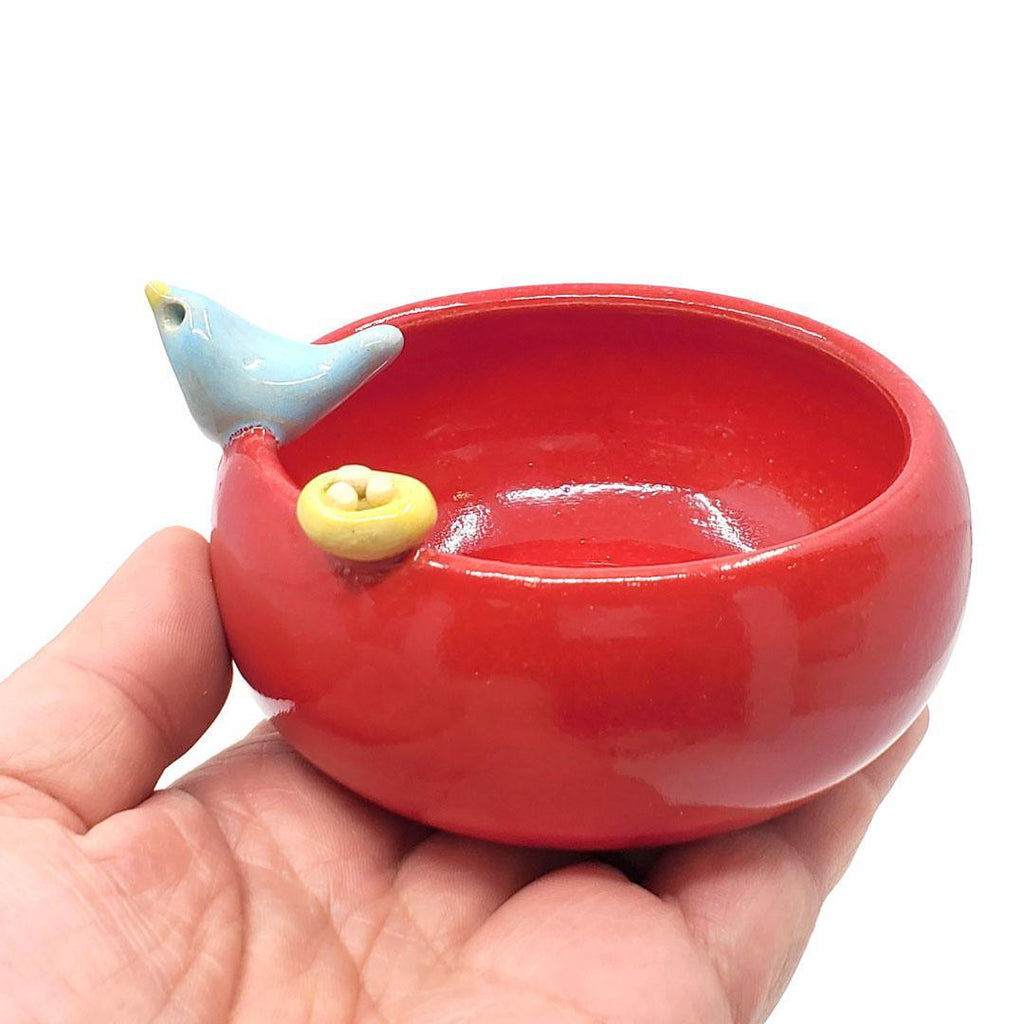 Small Bowl - Red with Nest (Light Blue Bird) by Tasha McKelvey