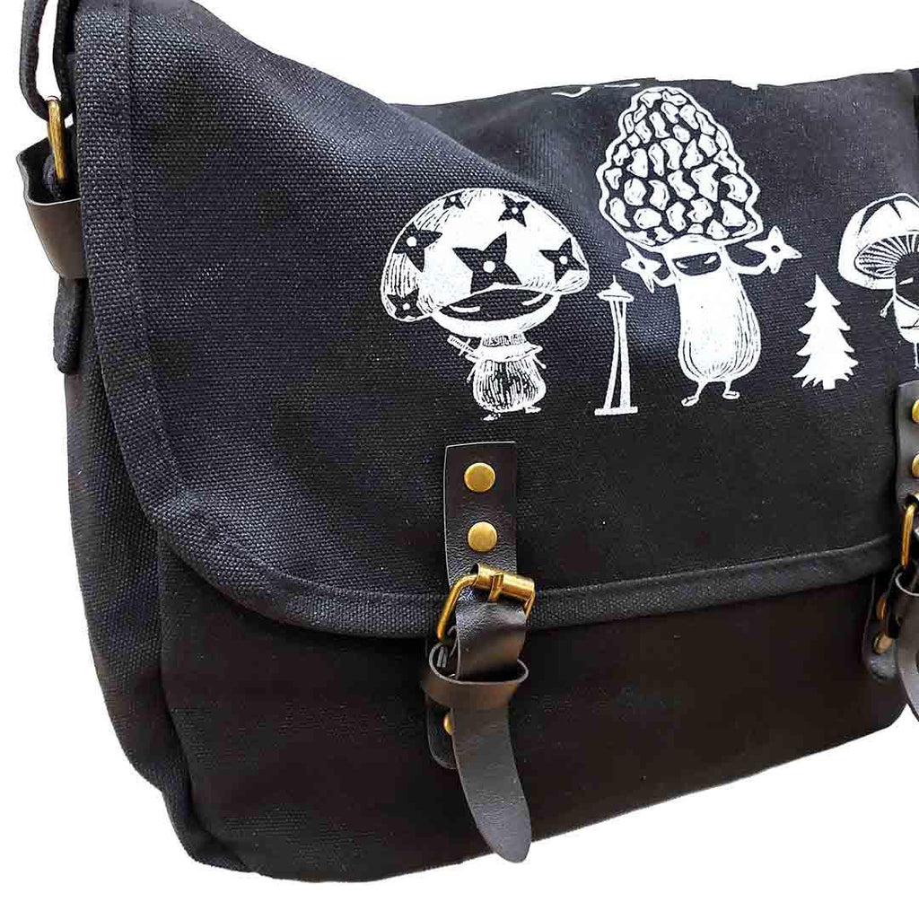Messenger Bag - XL - White Mushroom Ninja Trio on Black Canvas Bag by Namu