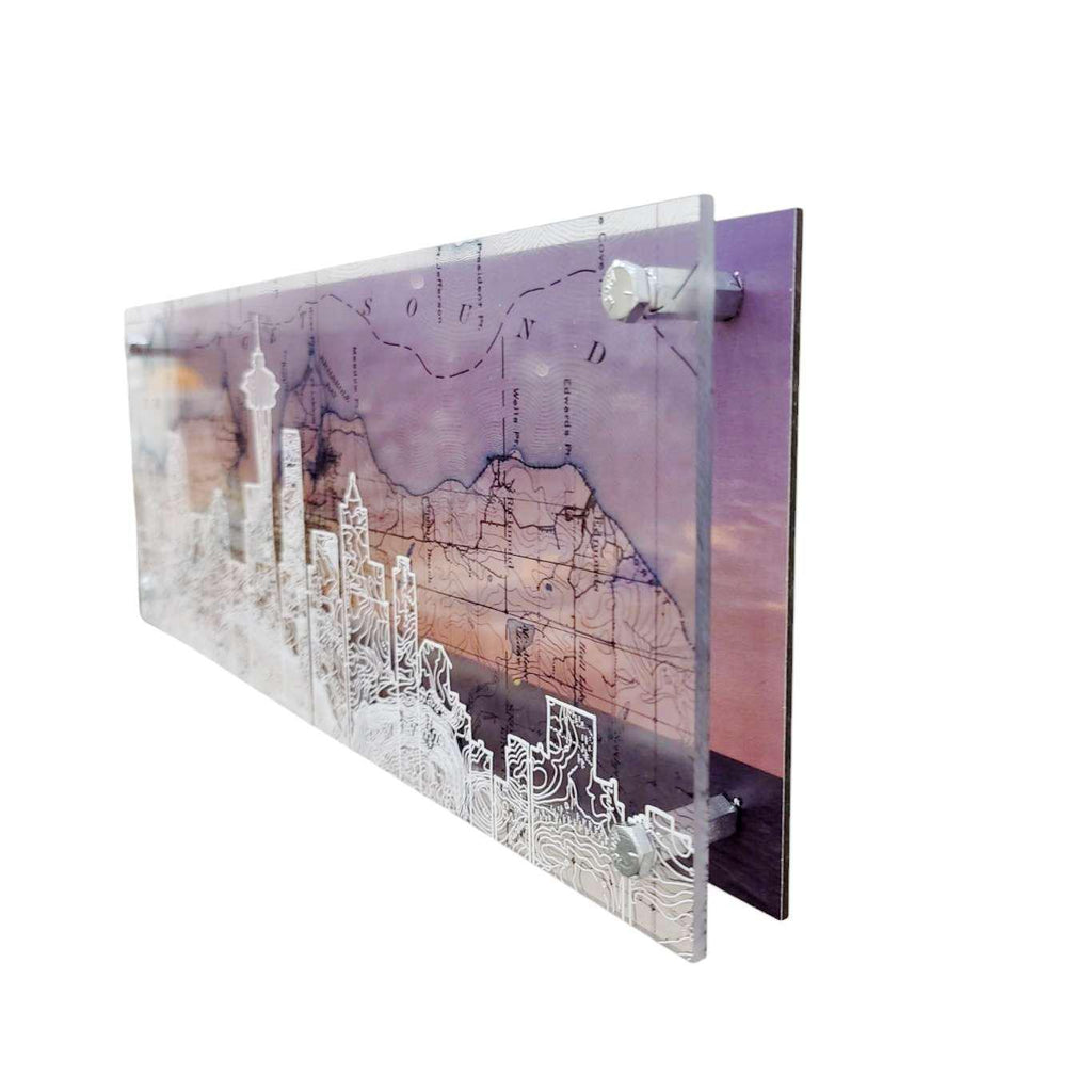 Wall Art - 16x6in - Seattle Skyline Dusk Floating Frame Map by Modern Terrain