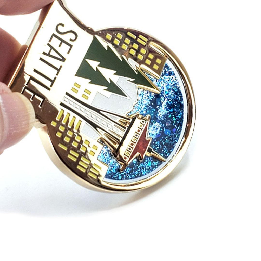 Enamel Pin - Seattle Snow Globe with Sparkle Quicksand by Amber Leaders Designs