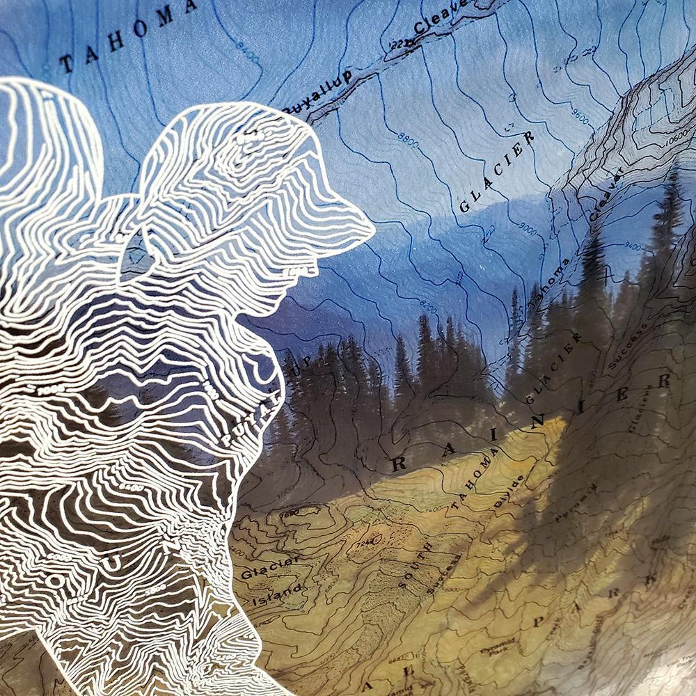 Wall Art - 12x12in - Rainier Eastbound Hiker with Ballcap Floating Frame Map by Modern Terrain