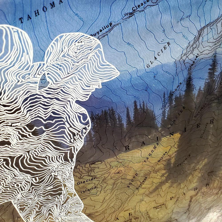 Wall Art - 12x12in - Rainier Eastbound Hiker with Ballcap Floating Frame Map by Modern Terrain