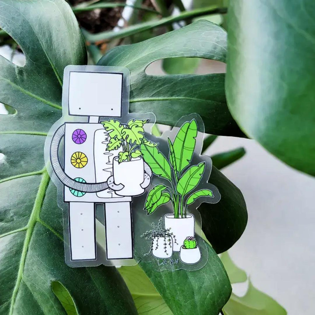 Sticker Vinyl - Robot Loves Plants (Transparent) by La Ru