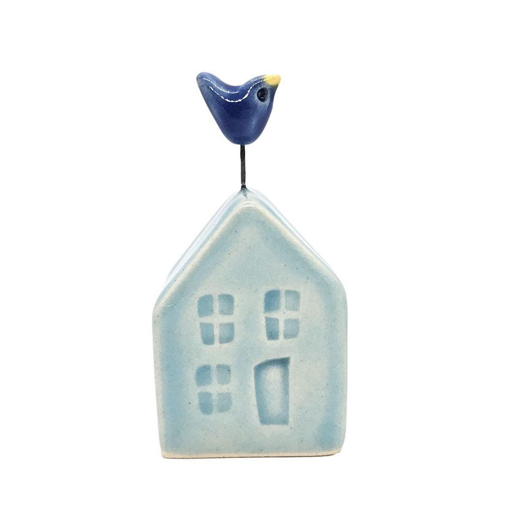 Tiny Pottery House - Aqua Blue with Bird by Tasha McKelvey