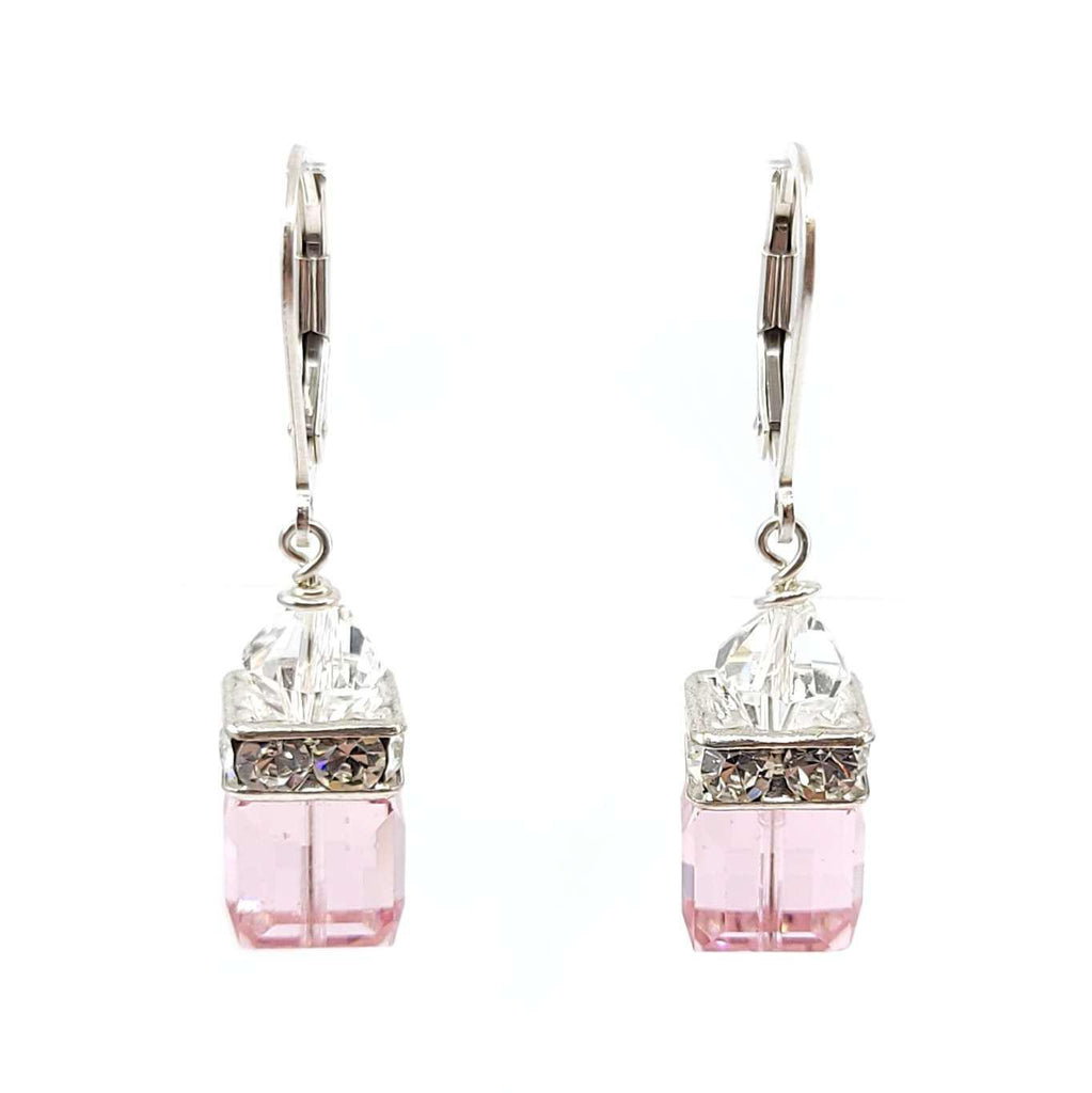Earrings - Square Light Rose Crystal with Sterling Sterling Leverback by Sugar Sidewalk
