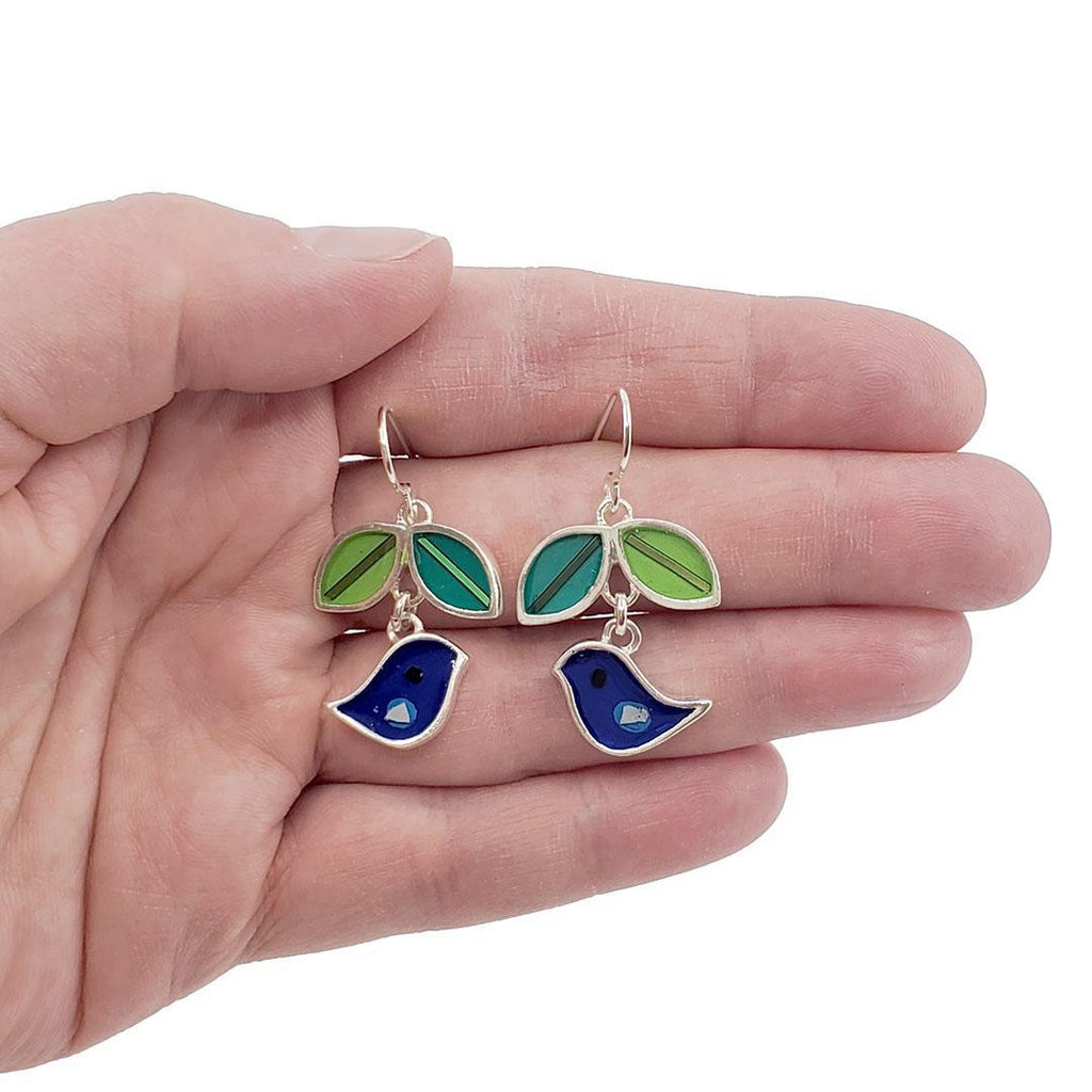 Earrings - Bird and Leaves (Dark Blue) by Happy Art Studio