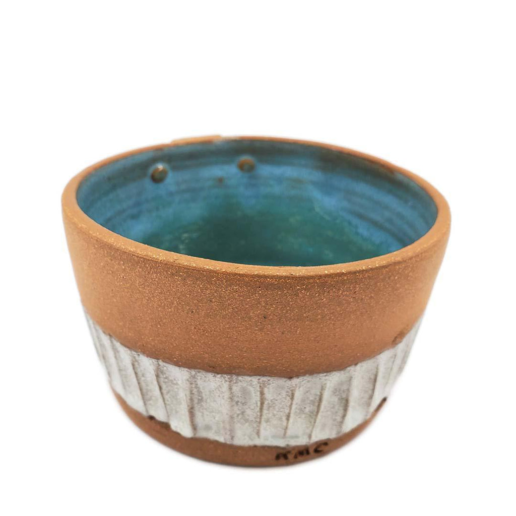 Friendly Planter-  Smiling with White Fluted Bars (Teal Interior) by Kathy Manzella Ceramics