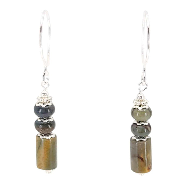 Earrings - Stacked Column Drops (Olive Jasper, Silver Fill) by Tiny Aloha