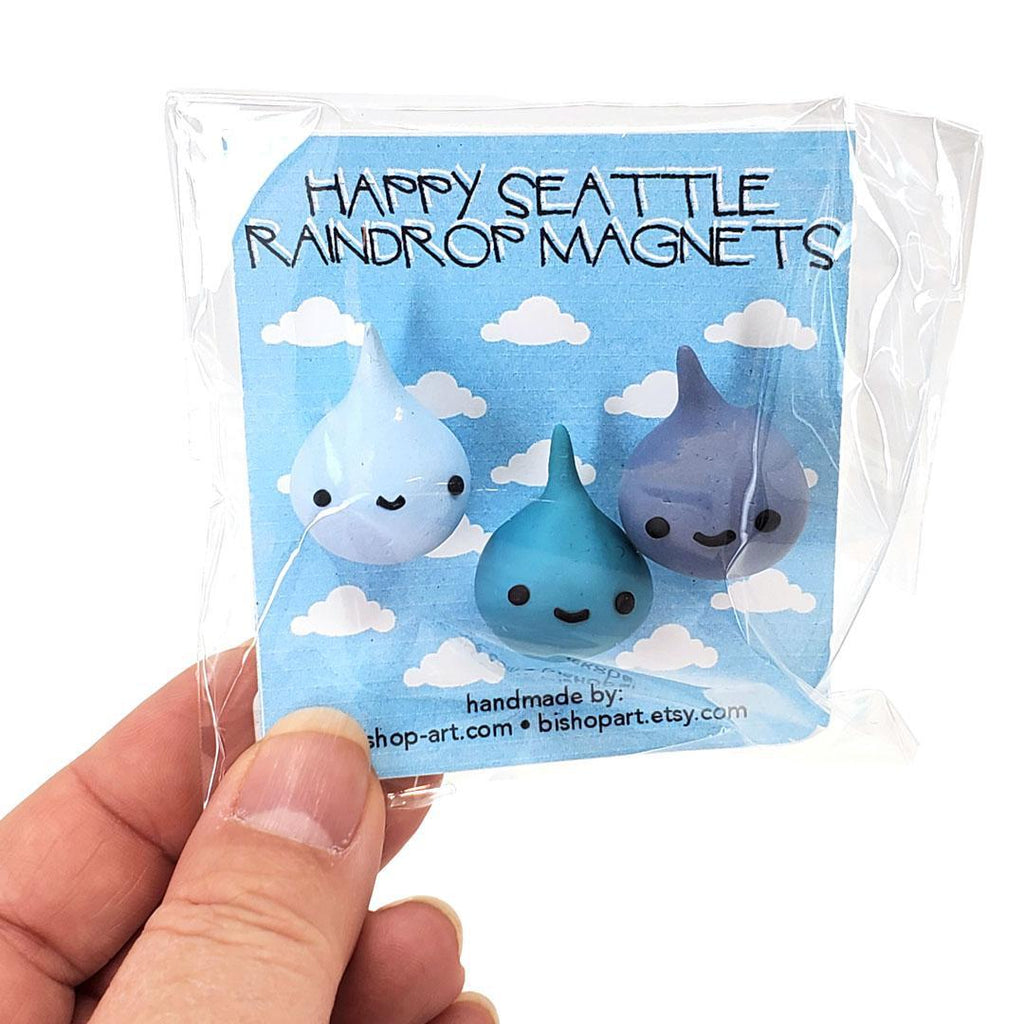 Magnet - Set of 3 - Happy Seattle Raindrops (Assorted Blues) by bishopart