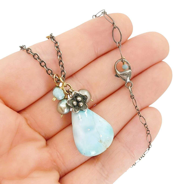 Necklace - Flower Cluster Large Gem Drop (Larimar, Pearl) by Calliope Jewelry