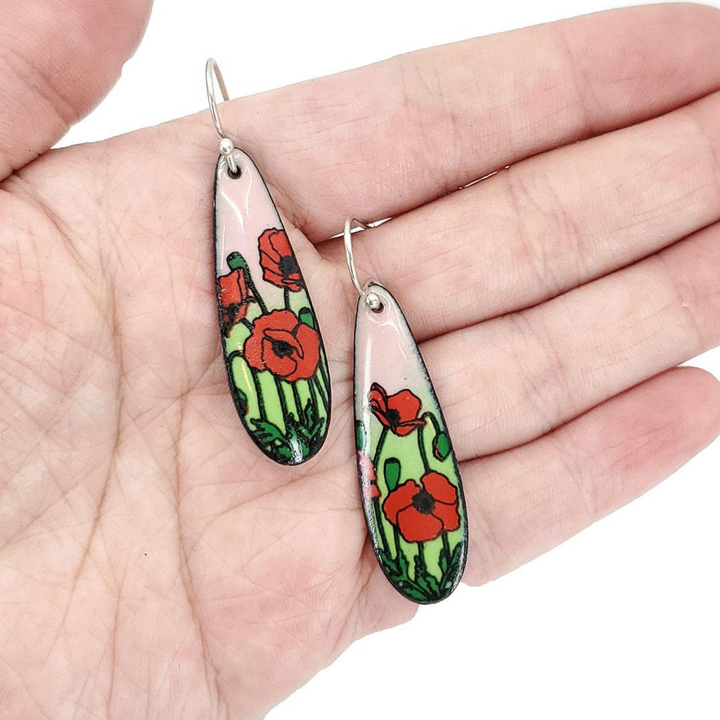 Earrings - Red Poppies Long Teardrop (Pink Green) by Magpie Mouse Studios