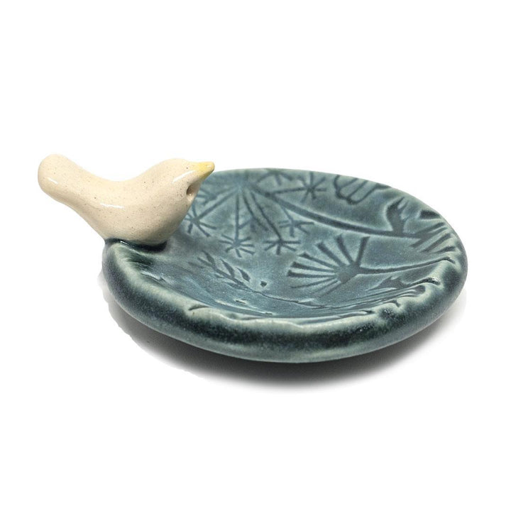 Round Ring Dish - White Bird Floral (Dark Teal Matte) by Tasha McKelvey