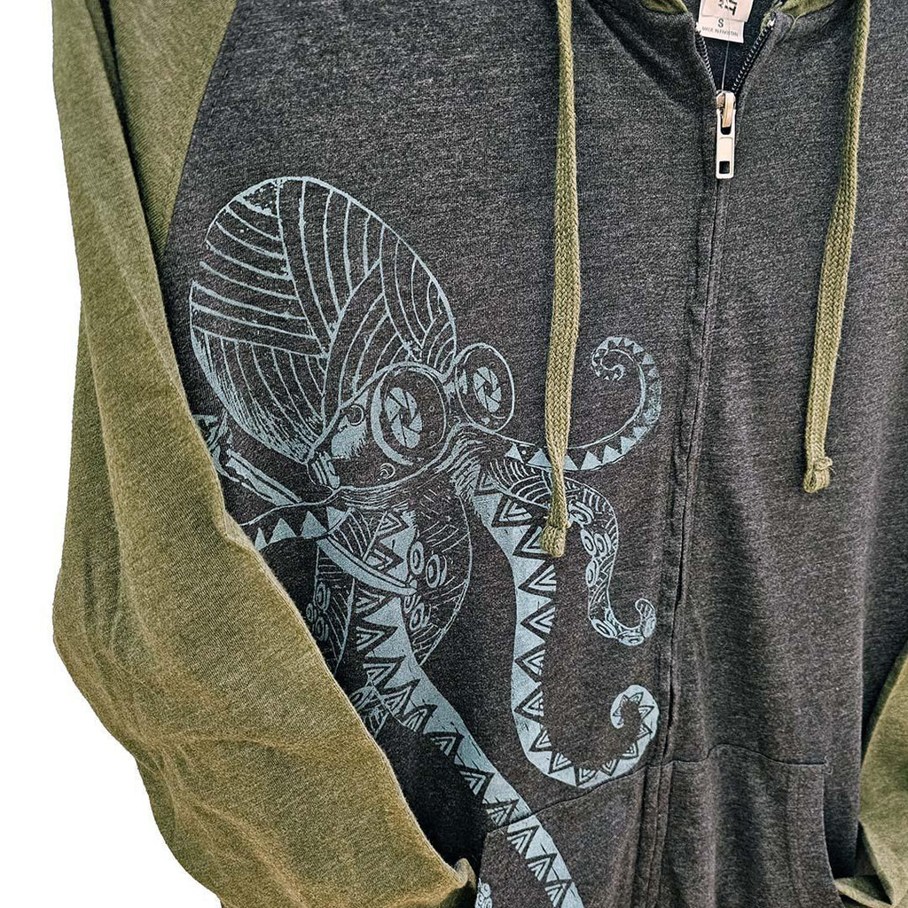 Adult Zip Hoodie - Geometric Octo Hunter on Gray with Green Sleeves and Hood by Namu