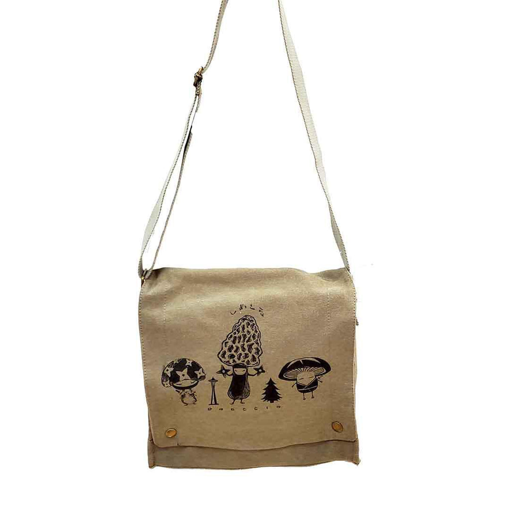 Messenger Bag - Black Mushroom Samurai Trio on Olive Green Bag by Namu