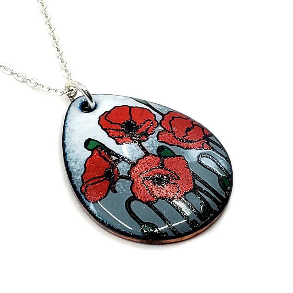 Necklace - Teardrop Poppies (White Gray) by Magpie Mouse Studios