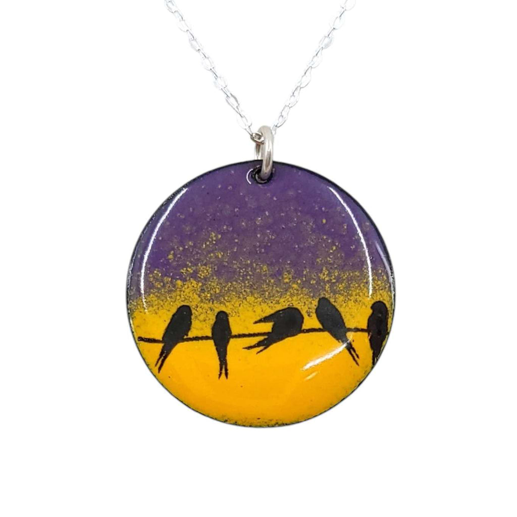 Necklace - Birds on Wire with Purple and Orange Background by Magpie Mouse Studios