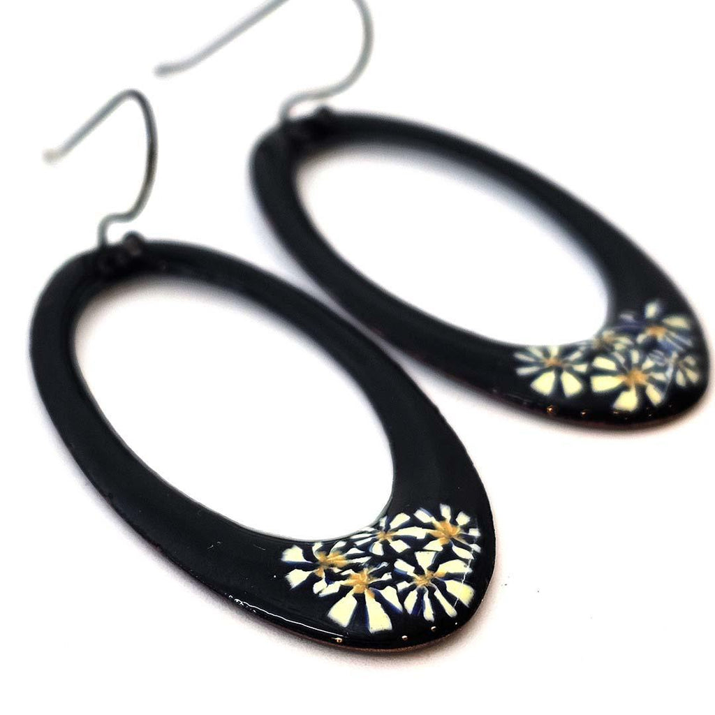 Earrings - Open Oval (Black Daisies) by Magpie Mouse Studios