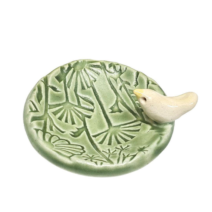 Round Ring Dish - White Bird Floral (Light Green Matte) by Tasha McKelvey