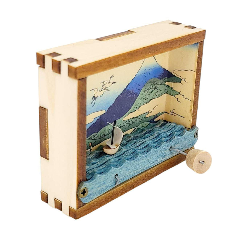 Kinetic Sculpture - Hand Cranked Wooden Mt. Fuji Sailboat by Cartoon Monster