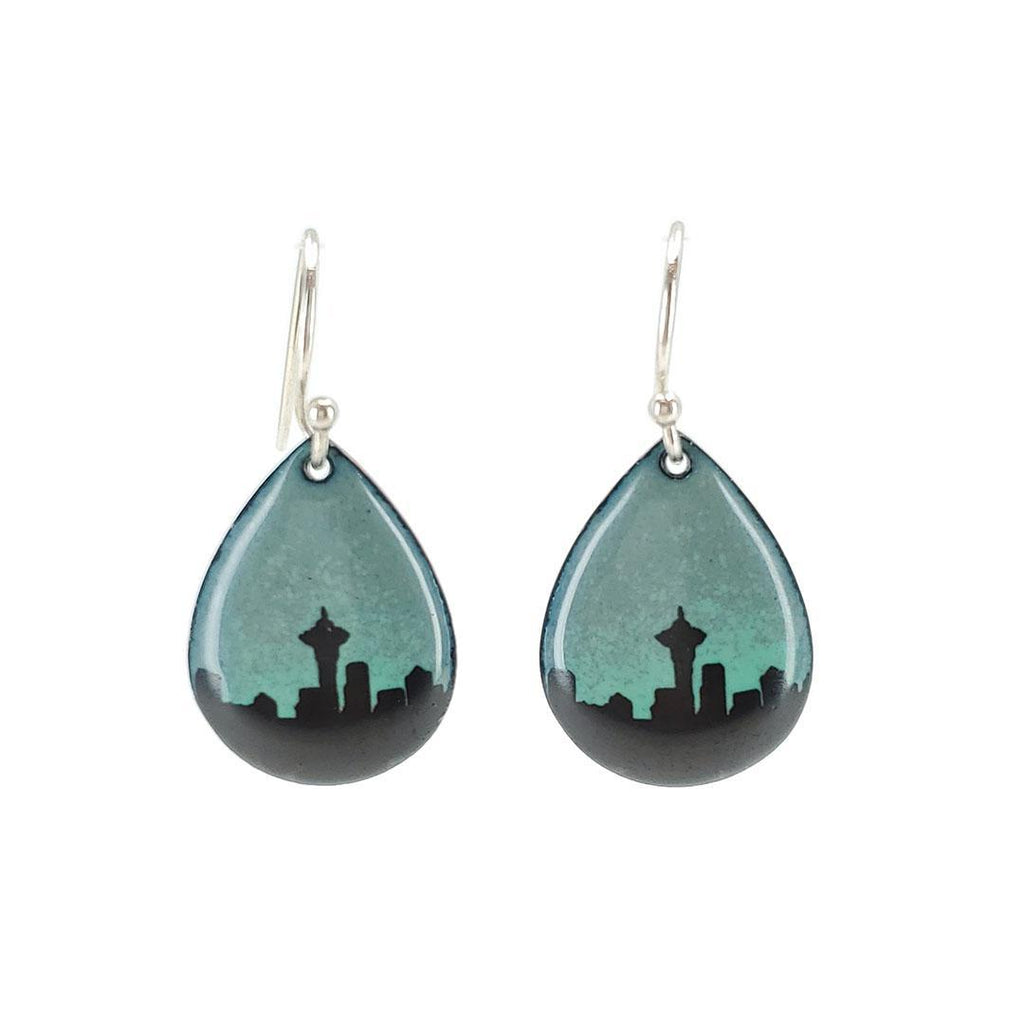 Earrings - Seattle Skyline Small Teardrop (Gray Aqua Ombre) by Magpie Mouse