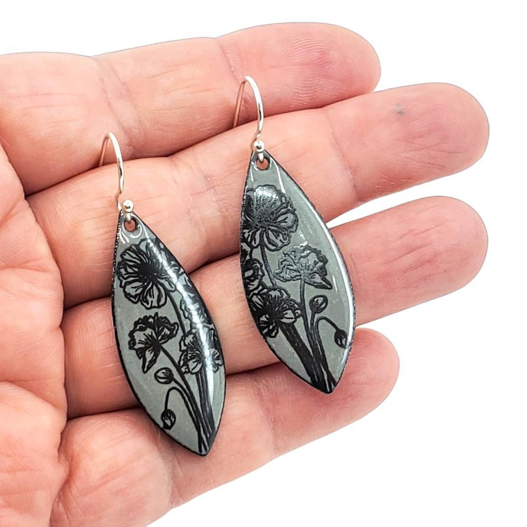 Earrings - Long Leaf Anemone Floral (Deep Gray) by Magpie Mouse Studios