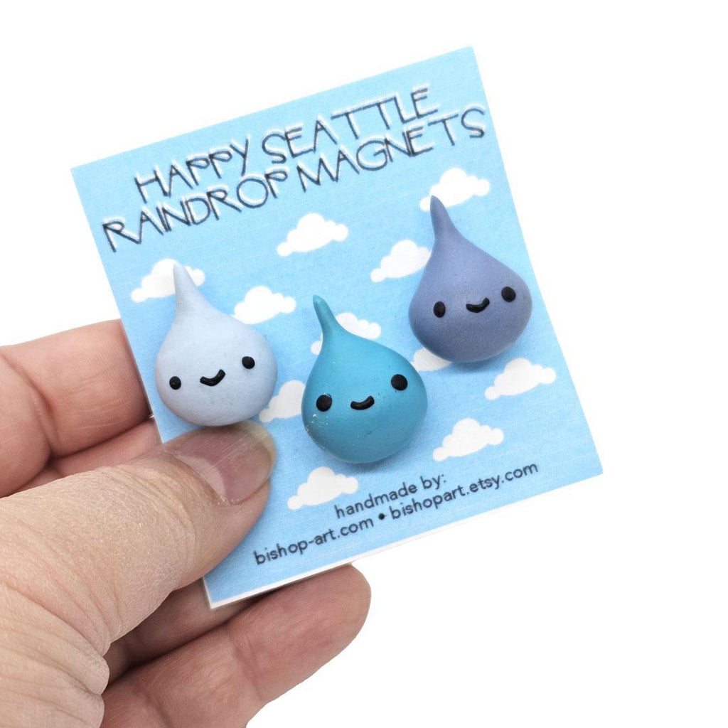 Magnet - Set of 3 - Happy Seattle Raindrops (Assorted Blues) by bishopart