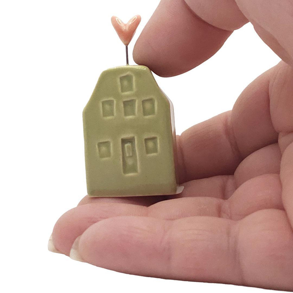 Tiny Pottery House - Grass Green with Heart (Red or Pink) by Tasha McKelvey