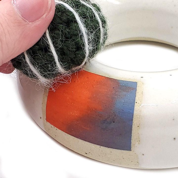 Large Plush Cactus - Echinocactus Grusonii in Orange Blue Donut Pot by Hook And Wheel