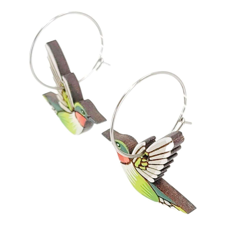 Bird-shaped earrings on hoop earrings with a white background