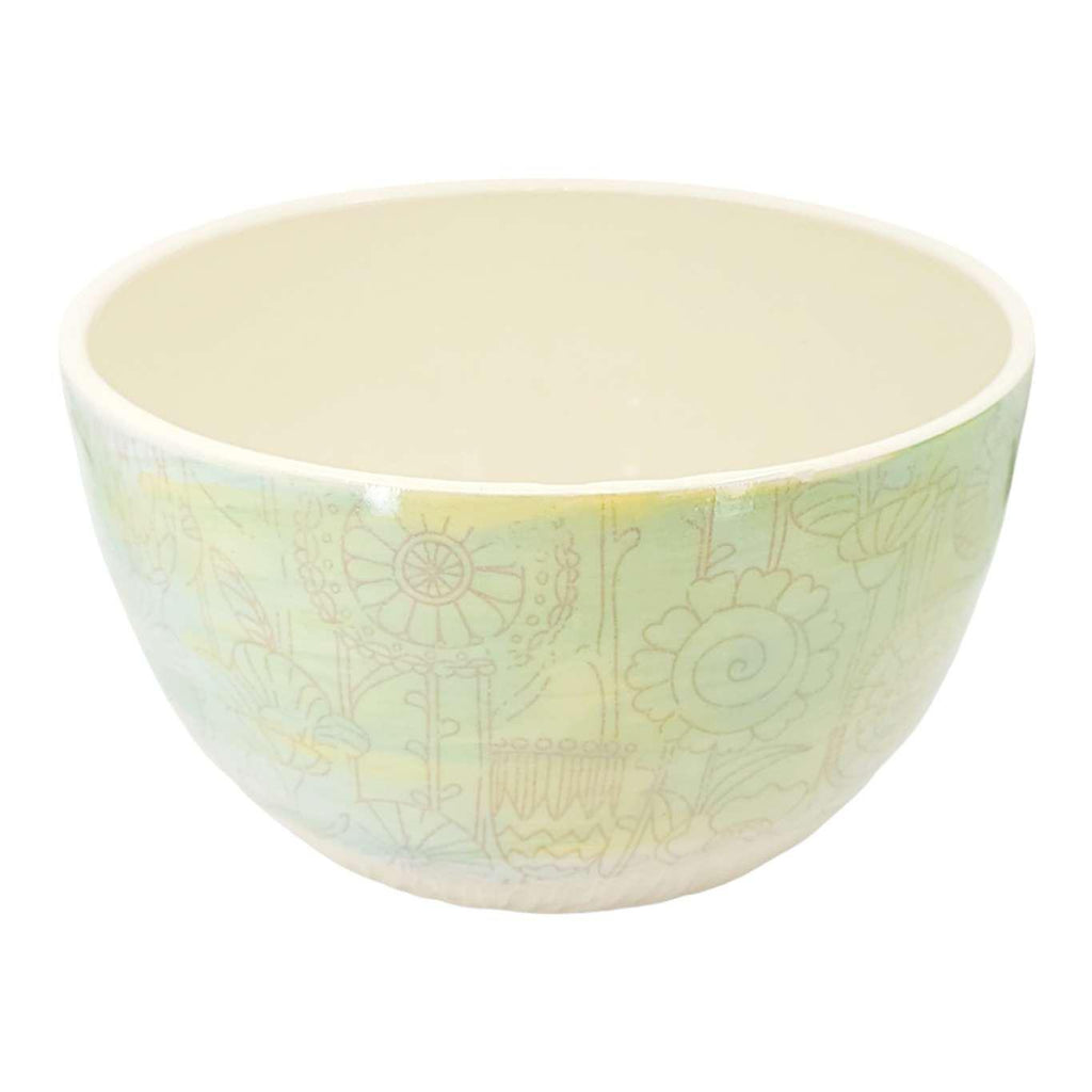 Bowl - Large Stoneware Blue Green Yellow with Pink Flowers by Clay It Forward