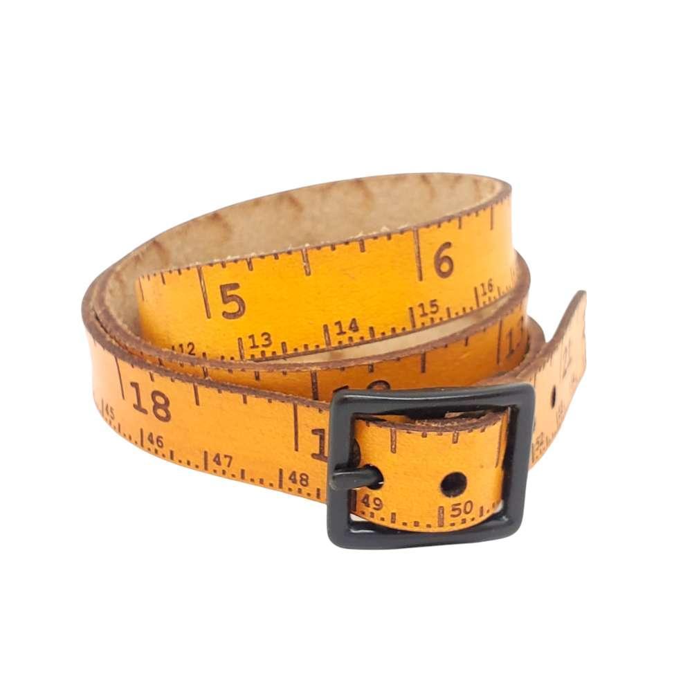 Bracelet - SM - Triple Wrap Retro Yellow Leather Tape Measure (Oxidized Buckle) by Sandpoint Laser Works
