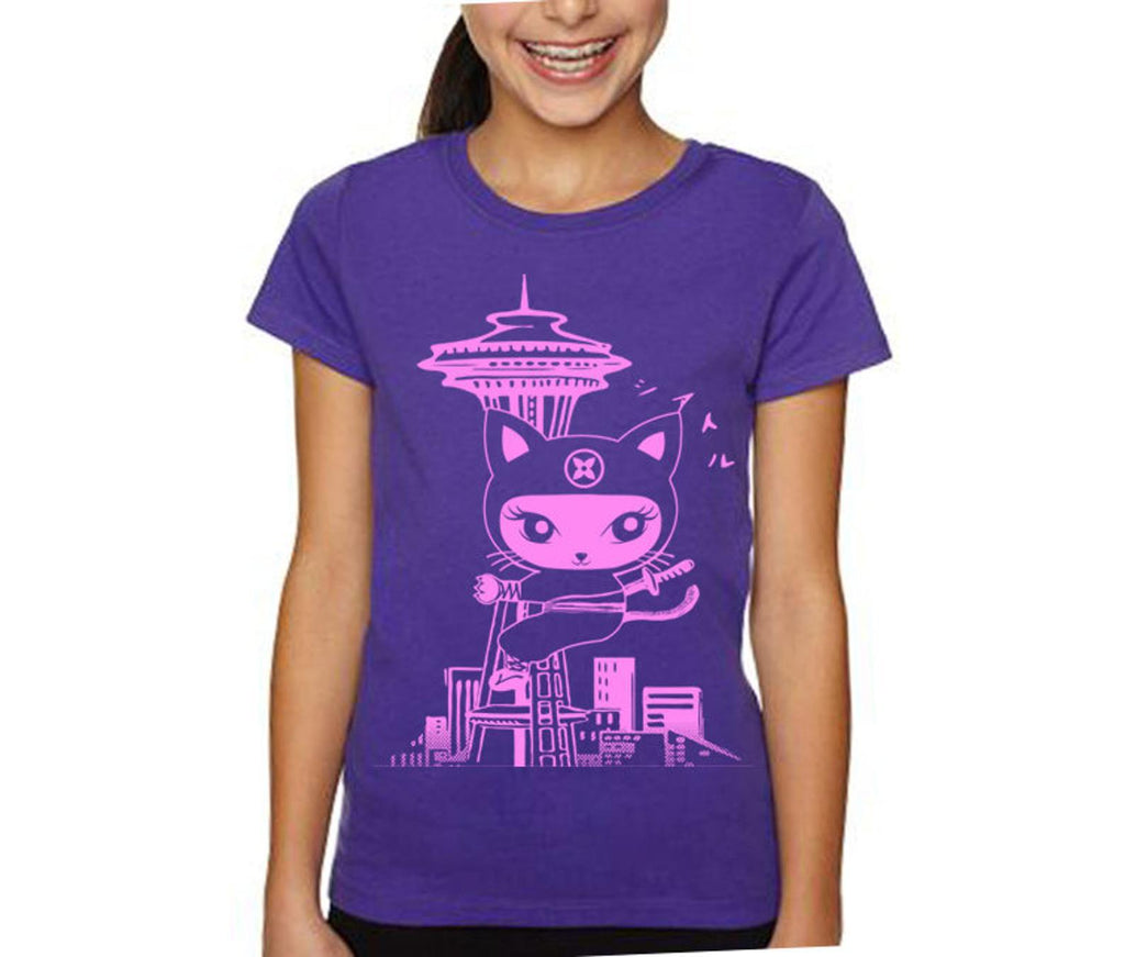 Kids Tee - Seattle Ninja Kitty Pink on Purple by Namu