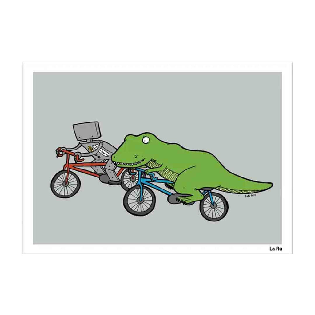 Art Print - Robot & Dino Bicycle Friends by LaRu