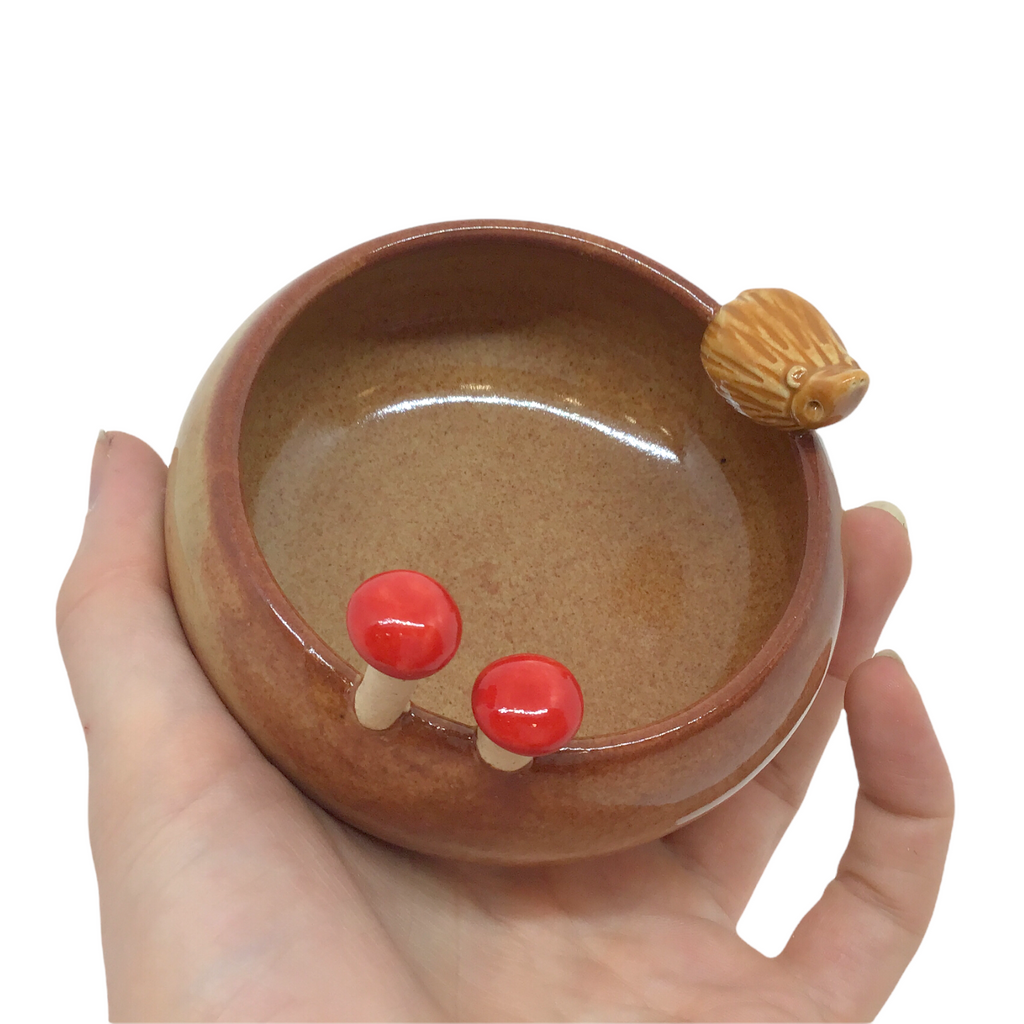 Bowl - Small Hedgehog with Mushrooms (Shino Brown) by Tasha McKelvey