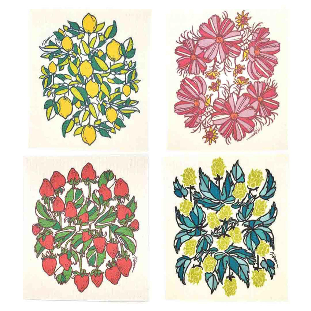 Set of 4 - Botanical Swedish Dish Cloths by Little Green by Katie Dean