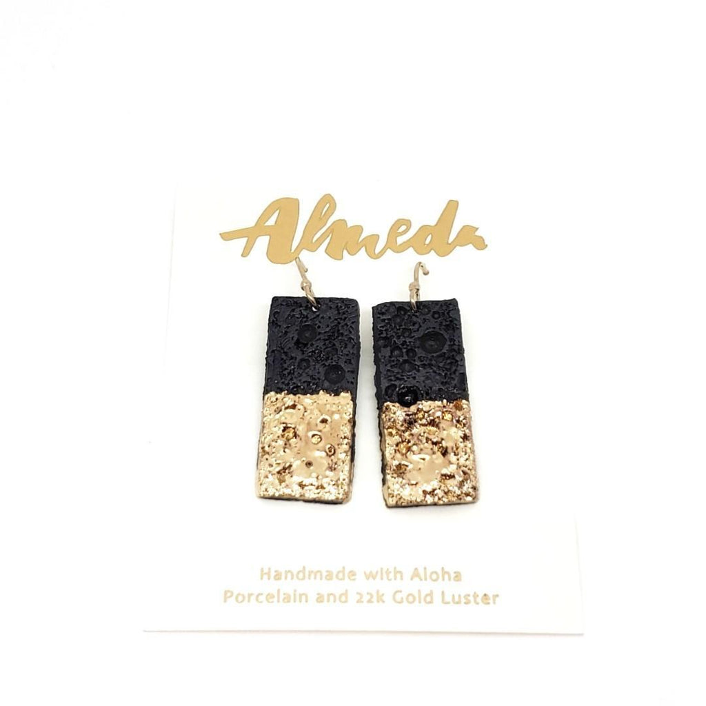 Earrings – Drops – Lava Rectangle Black Gold by Almeda Jewelry