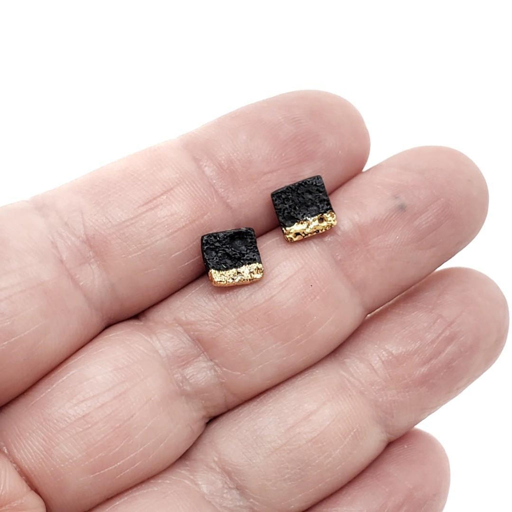Earrings – Studs – Lava Square Black Gold by Almeda Jewelry