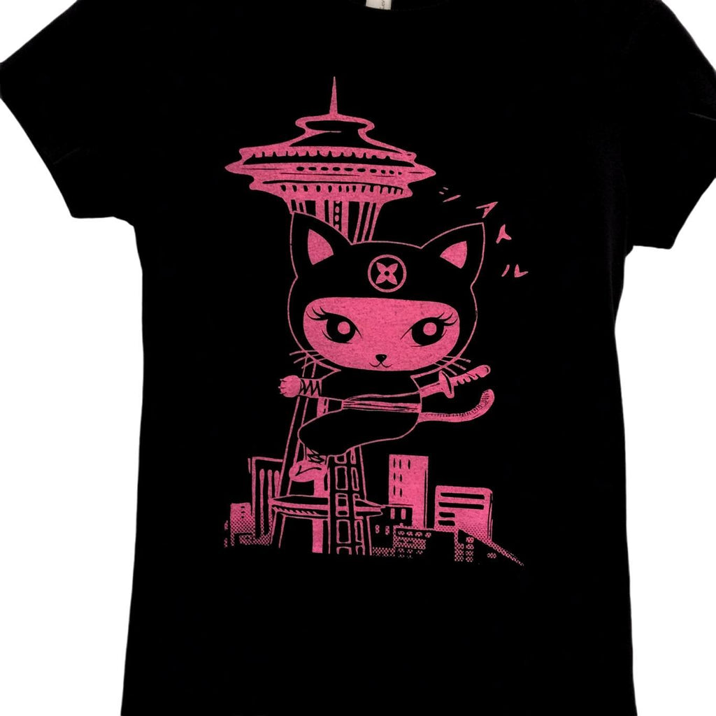 Adult Tee - Seattle Ninja Kitty Pink Crew Neck (Juniors XL) by Namu