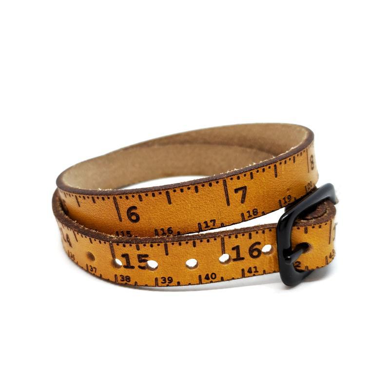 Bracelet - Lg - Retro Yellow Leather Double Wrap Tape Measure (Black Buckle) by Sandpoint Laser Works
