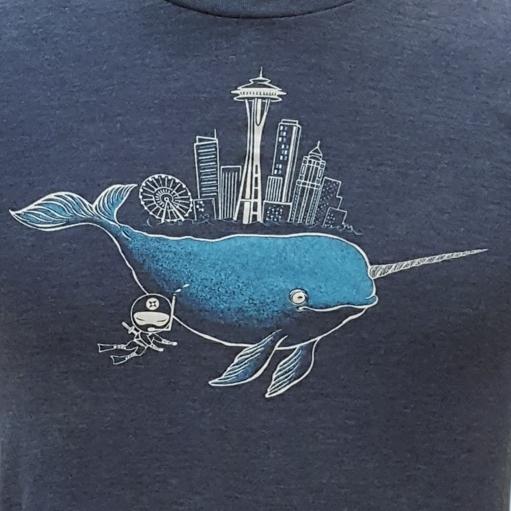 Adult Tee - Narwhal and Ninja Seattle Skyline on Blue (XL - 2XL) by Namu