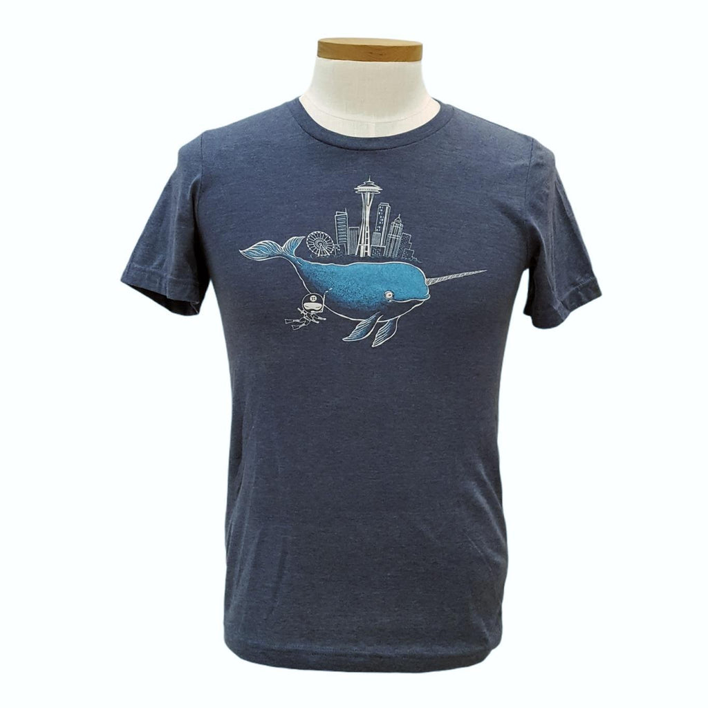 Adult Tee - Narwhal and Ninja Seattle Skyline on Blue (XS - 2XL) by Namu