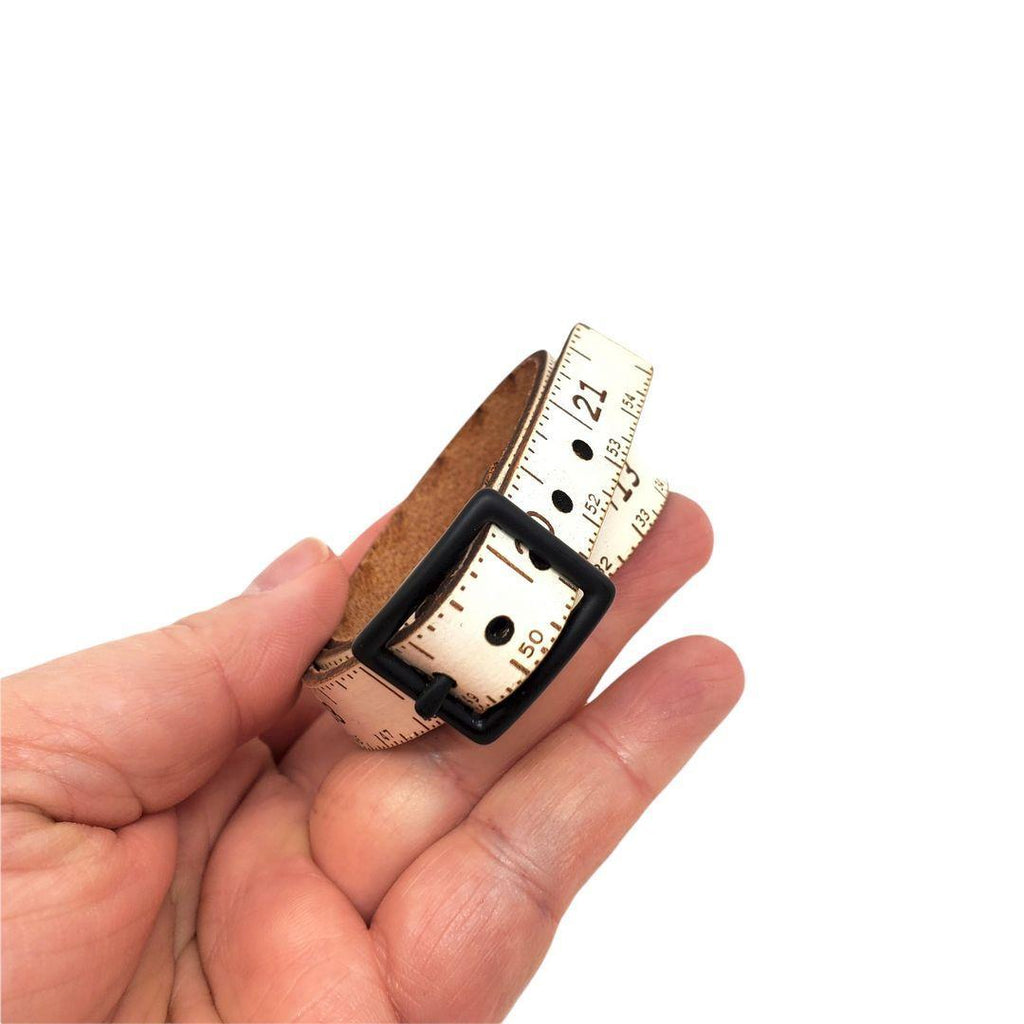 Bracelet - SM - Triple Wrap White Leather Tape Measure (Oxidized Buckle) by Sandpoint Laser Works