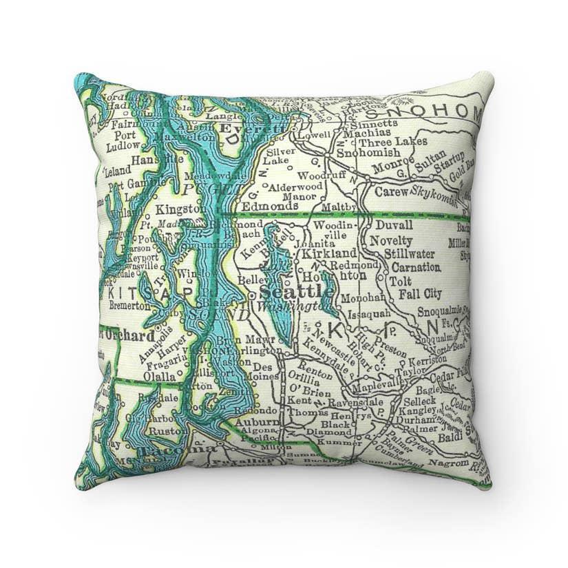 Pillow - Greater Seattle Vintage Map by Daisy Mae Designs
