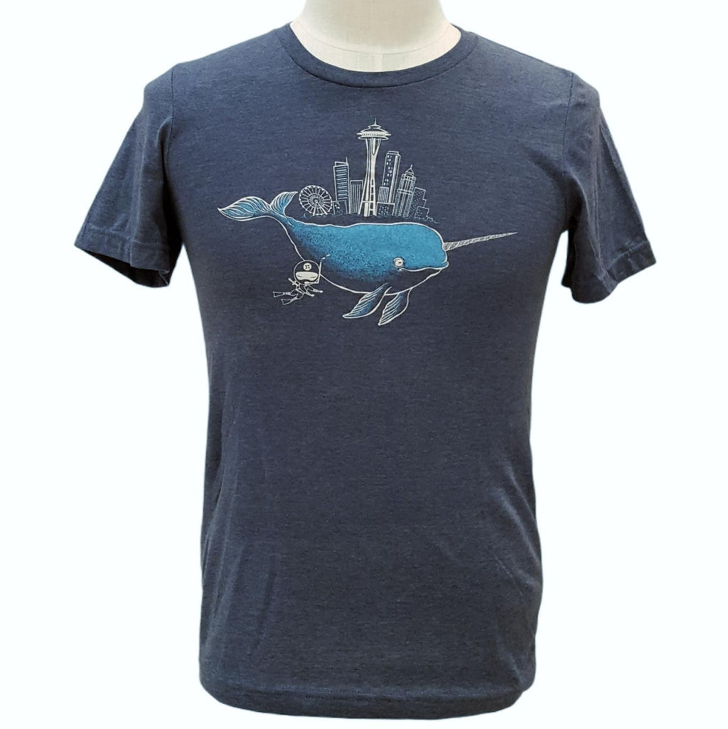 Adult Tee - Narwhal and Ninja Seattle Skyline on Blue (XS - 2XL) by Namu