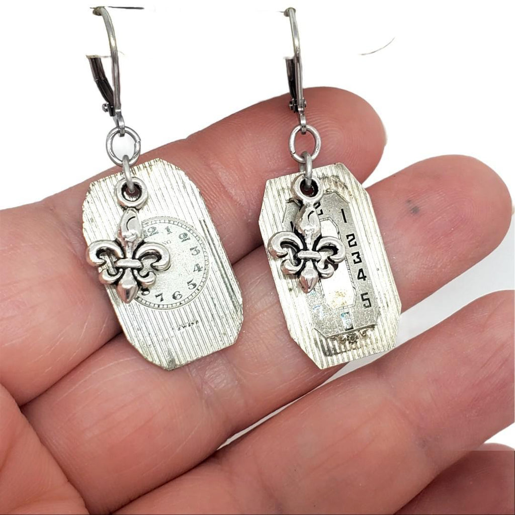 Earrings - Watch Dial Fleur de Lis Charm Stainless Steel by Christine Stoll | Altered Relics