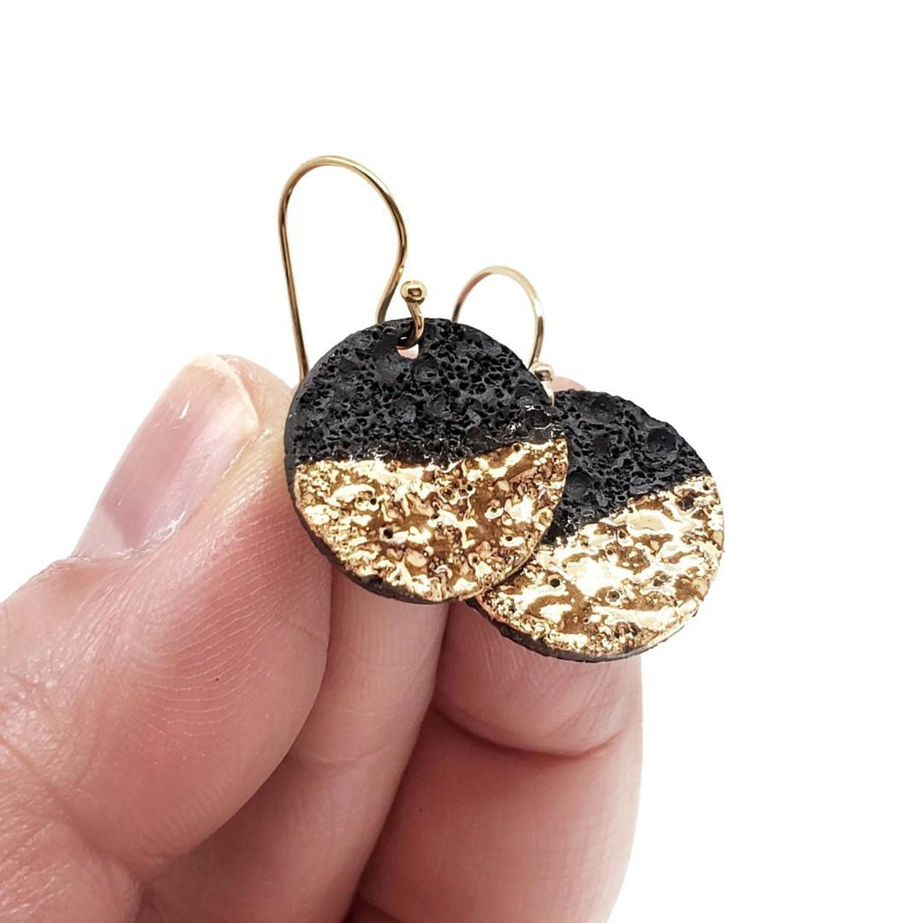 Earrings – Drops – Lava Circle Black Gold by Almeda Jewelry